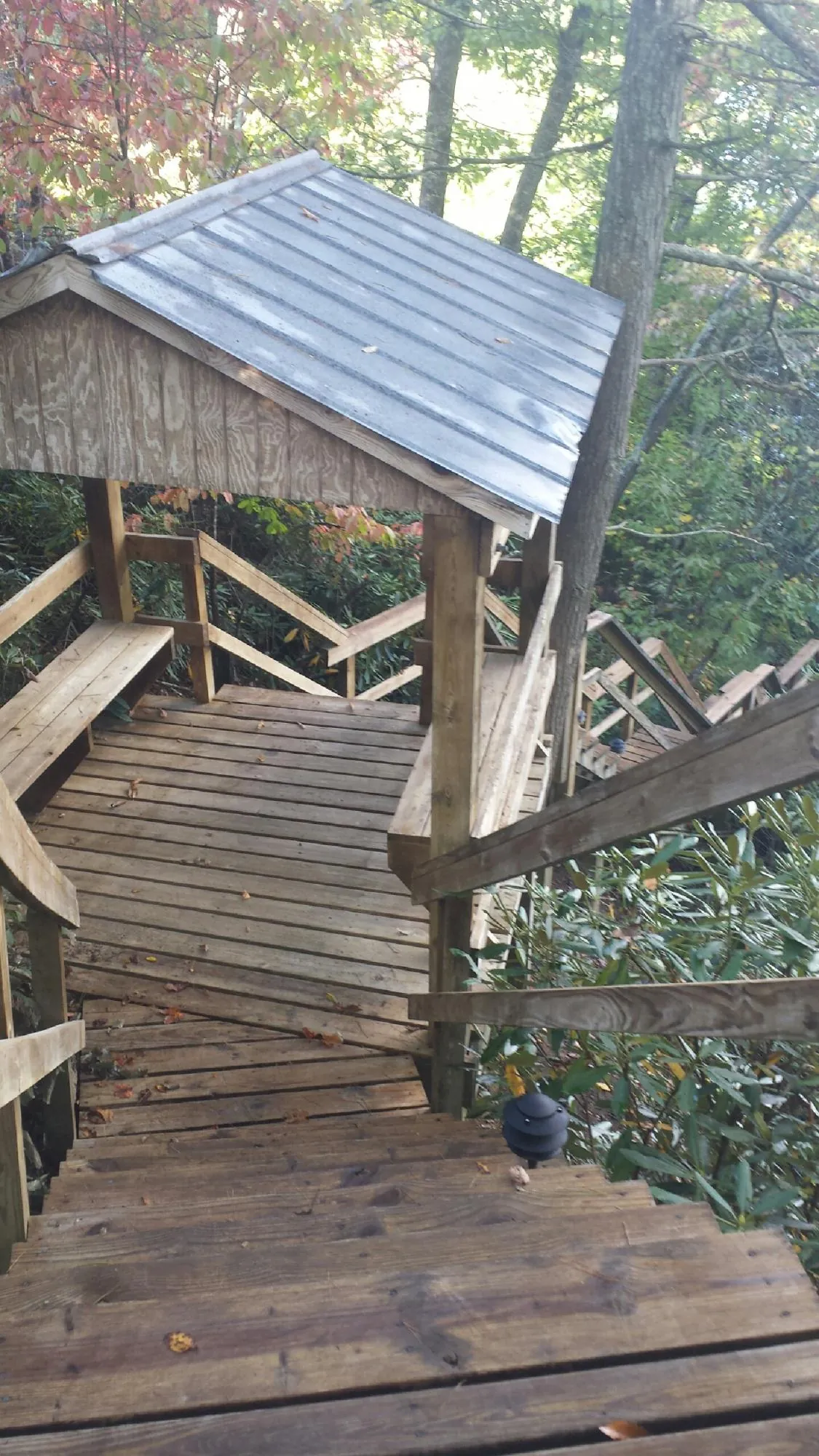 Metal roofed shelter over wooden steps on a wooded walkway — Skylight Repair & Installation work by our crew in Casey